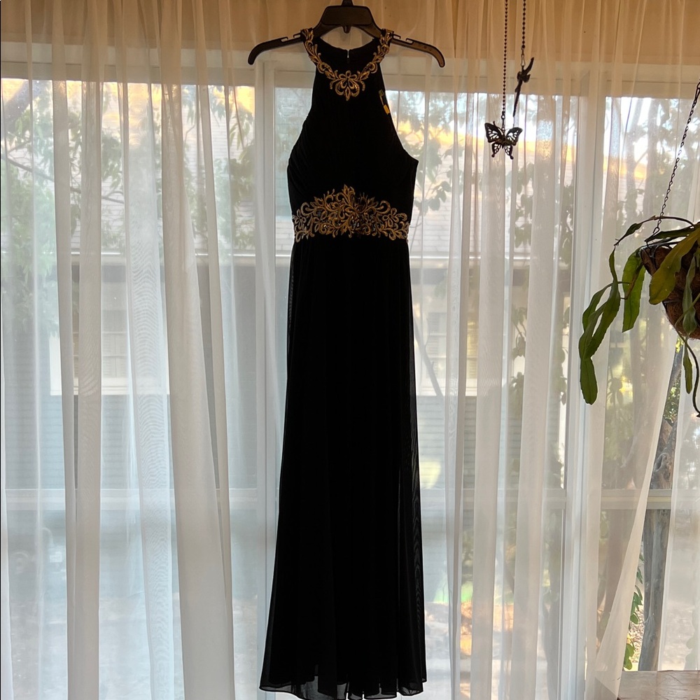 Cachet Black Formal Dress with Gold Accents